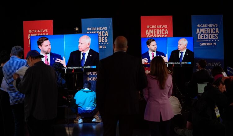 View from the Spin Room as Republican JD Vance and Democrat Tim Walz square off during the CBS News vice presidential debate moderated by CBS Evening News anchor and managing editor Norah O’Donnell and Face the Nation moderator and chief foreign affairs correspondent Margaret Brennan. Mandatory Credit: Jack Gruber-USA TODAY NETWORK via Imagn Images