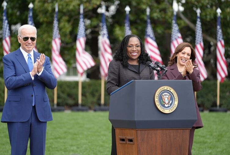 Apr 8, 2022; Washington, DC, USA; Judge Ketanji Brown Jackson delivers remarks with President Joe Biden, left, and Vice President Kamala Harris, right, after the Senate’s confirmation of Judge Jackson to be an Associate Justice of the Supreme Court on the South Lawn of The White House. 