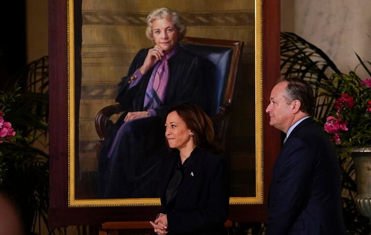 Dec 18, 2023; Washington, DC, USA; Vice President Kamala Harris and second gentleman Doug Emhoff paying respects to retired Supreme Court Justice Sandra Day O'Connor lying in repose at the United States Supreme Court. O'Connor, the first woman to serve on the Supreme Court, died on Dec. 1, 2023.