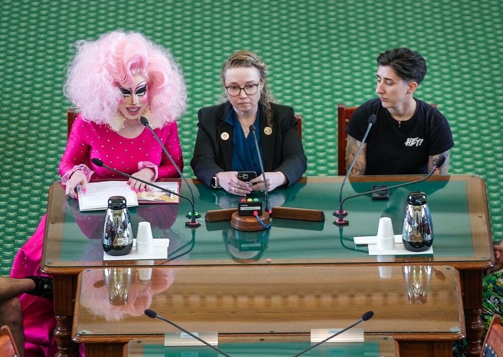 Brigitte Bandit left testifies against SB 12, SB 1601 as Valerie DeBill Kelsi Beaver waits to also opposes the bill in the senate chambers on Thursday, March 23, 2023. The Senate State Affairs committee is taking up controversial bills SB 12, SB 1601 which is an anti-drag show bill, and several criminal justice bills.