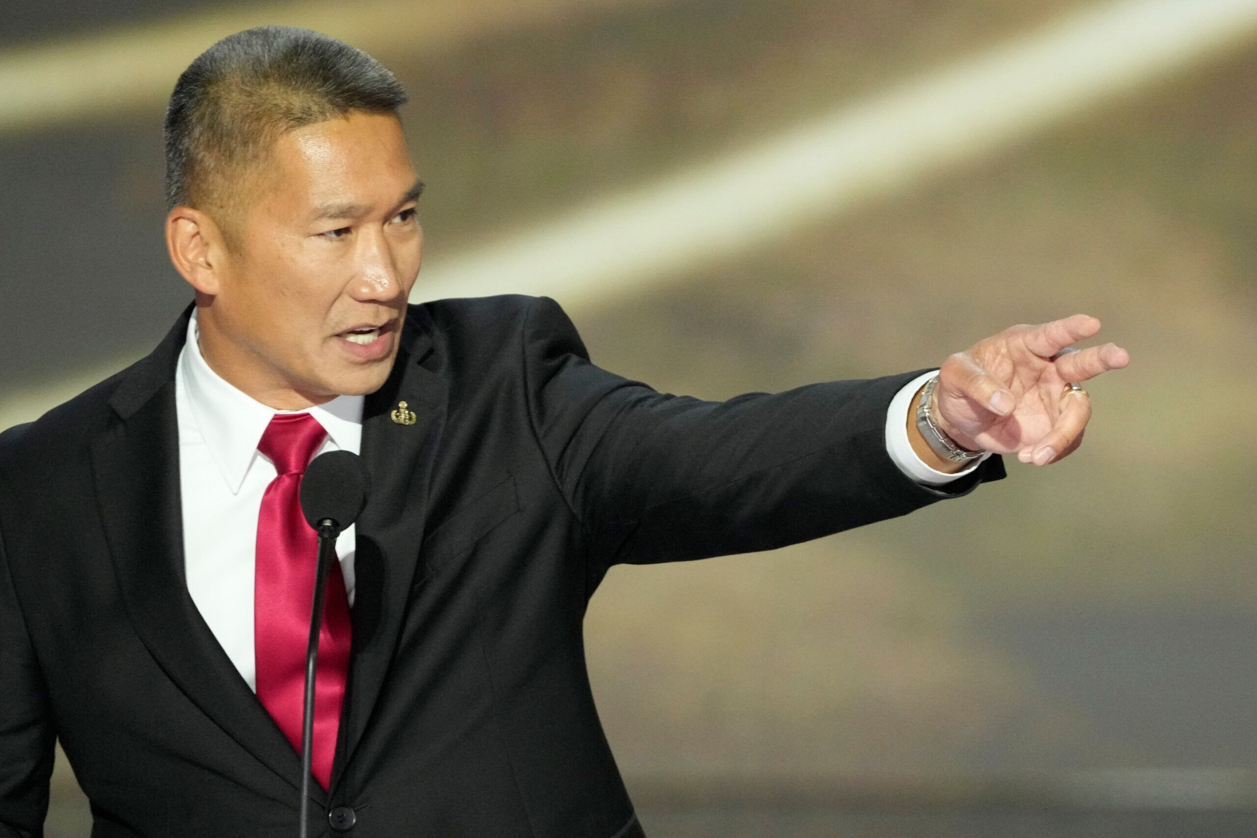 Jul 16, 2024; Milwaukee, WI, USA; Hung Cao, Virginia U.S. Senate candidate delivers remarks during the second day of the Republican National Convention