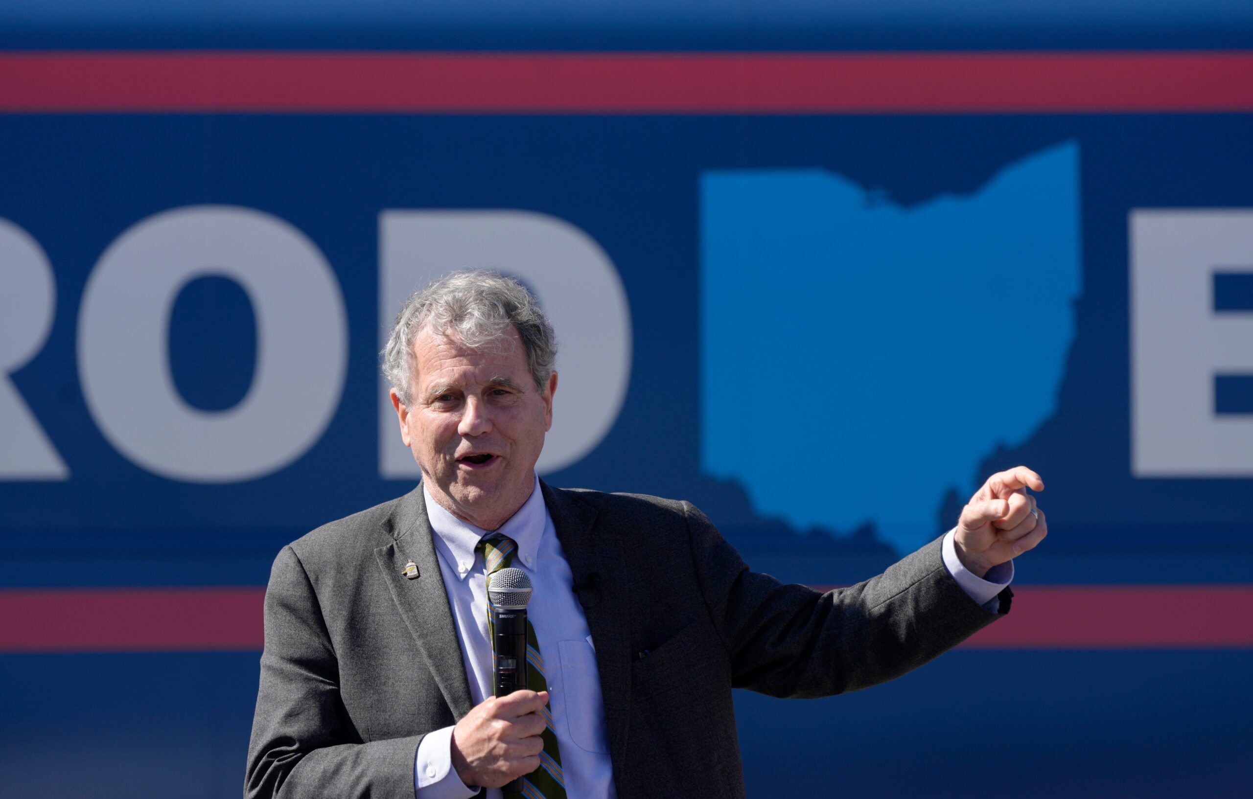 Oct. 2, 2024; Columbus, Ohio, USA; Sen. Sherrod Brown speaks during a campaign event at the International Mall adjacent to the Franklin County Board of Elections on the first day of early voting in Ohio.