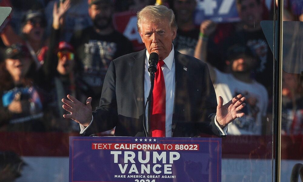 Donald Trump speaks to his supporters during his campaign event in Coachella, Calif., Oct. 12, 2024.