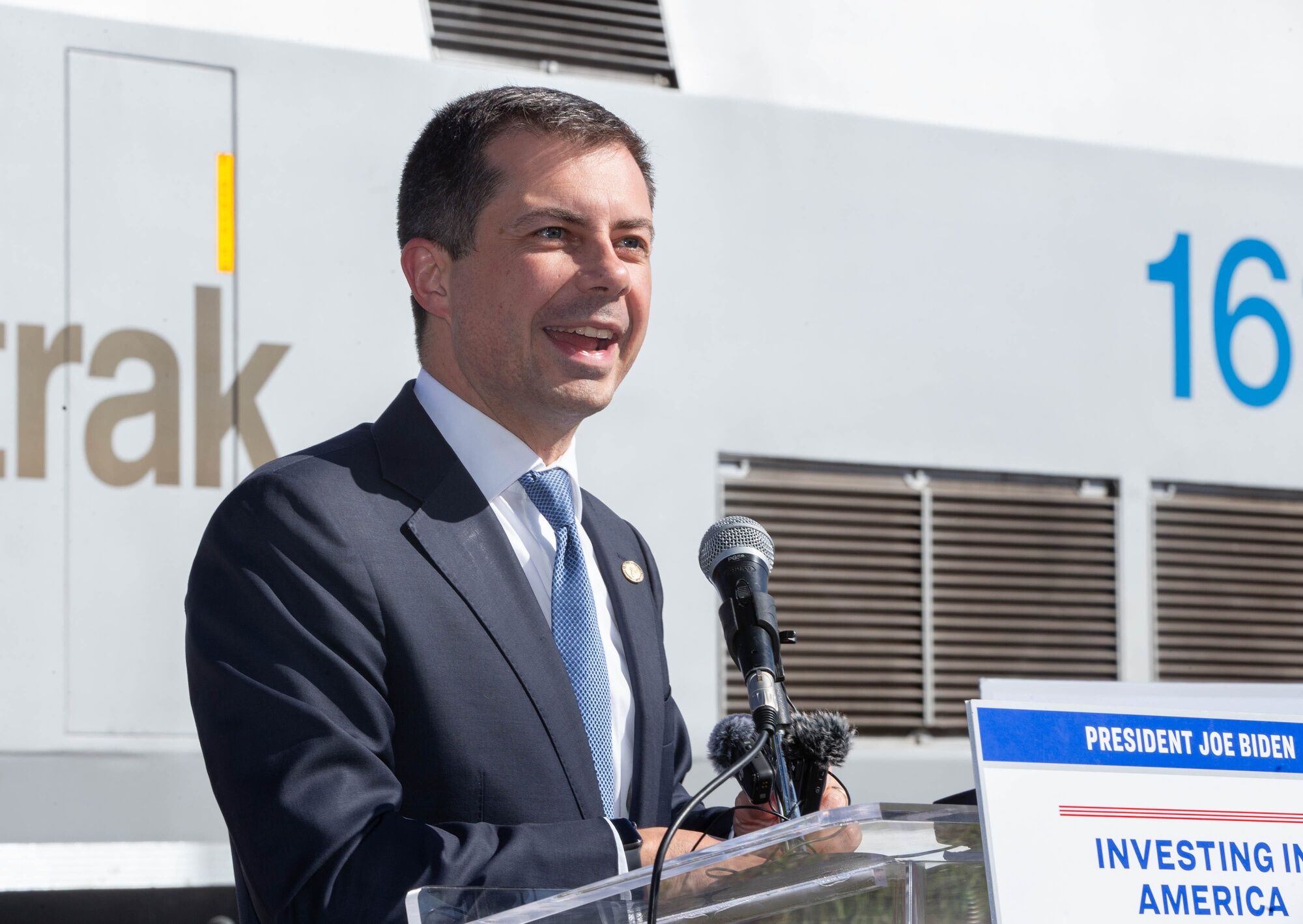 Secretary of Transportation Pete Buttigieg speaks during a groundbreaking ceremony for a new Amtrak station in Mobile, Alabama on Tuesday, Oct. 22, 2024.