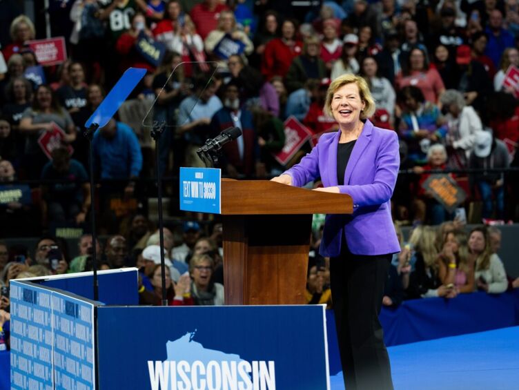 U.S. senator Tammy Baldwin from Wisconsin gives remarks at a campaign rally.