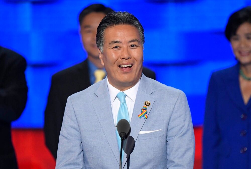 Jul 27, 2016; Philadelphia, PA, USA; Rep. Mark Takano, (D-CA), speaks as he stands with fellow Asian American and Pacific Island members of Congress, during the 2016 Democratic National Convention