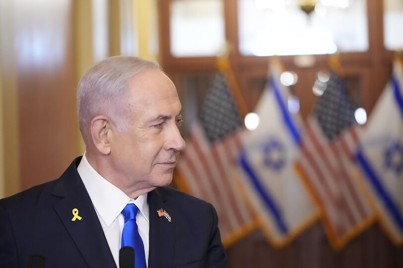 Benjamin Netanyahu, Prime Minister of Israel and Speaker of the House Mike Johnson, not shown, speak the media prior to Netanyahu‚Äôs address to the U.S. Congress on July 24, 2024 in Washington.