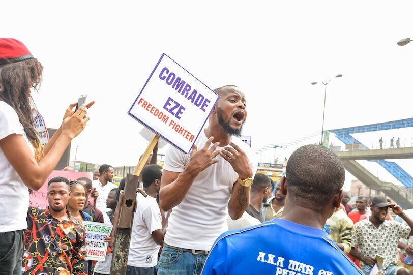 A protester vents in frustration at a march against police brutality, in Lagos, Nigeria