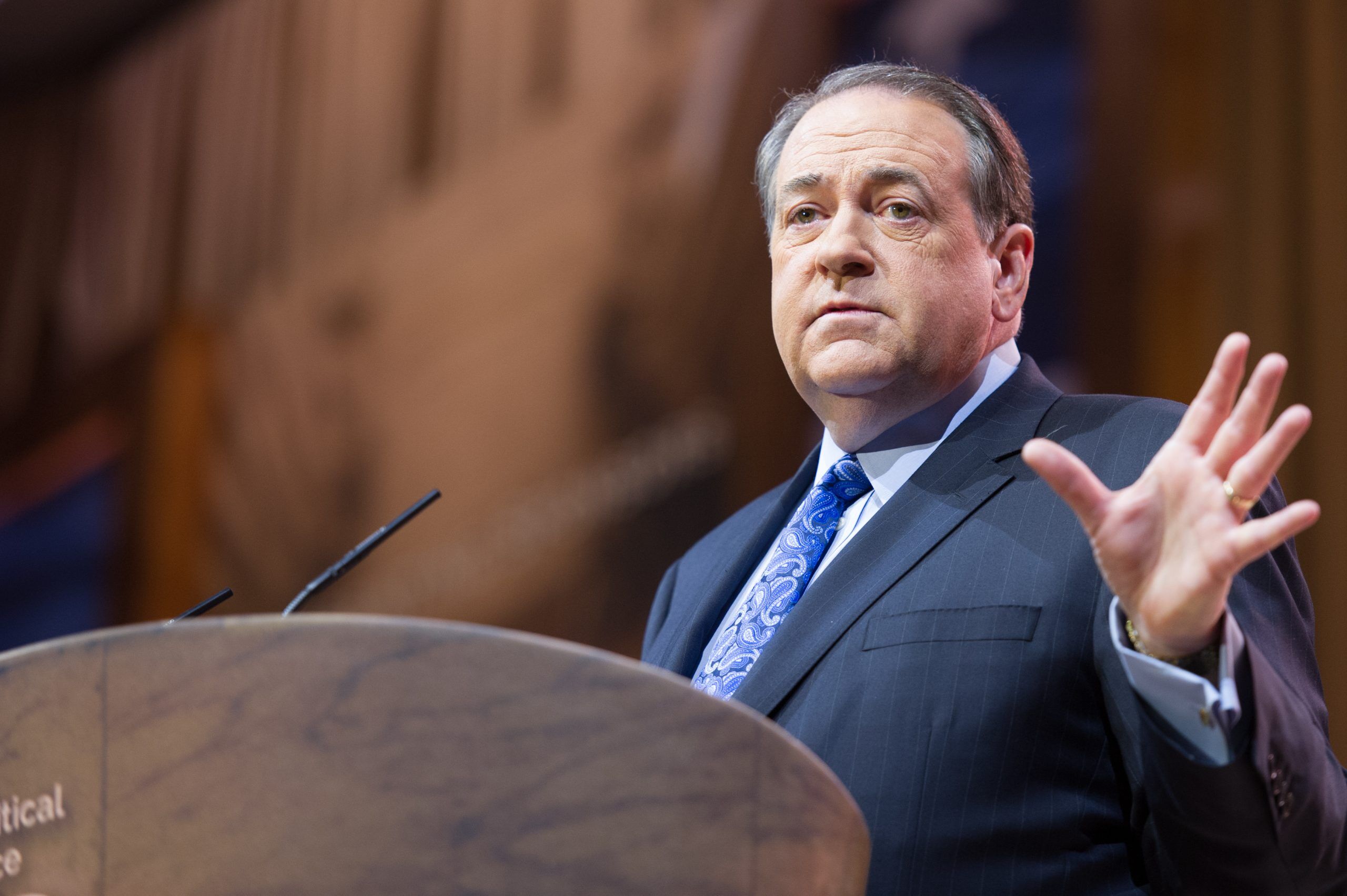 NATIONAL HARBOR, MD - MARCH 7, 2014: Political commentator and former Arkansas Governor Mike Huckabee speaks at the Conservative Political Action Conference (CPAC).