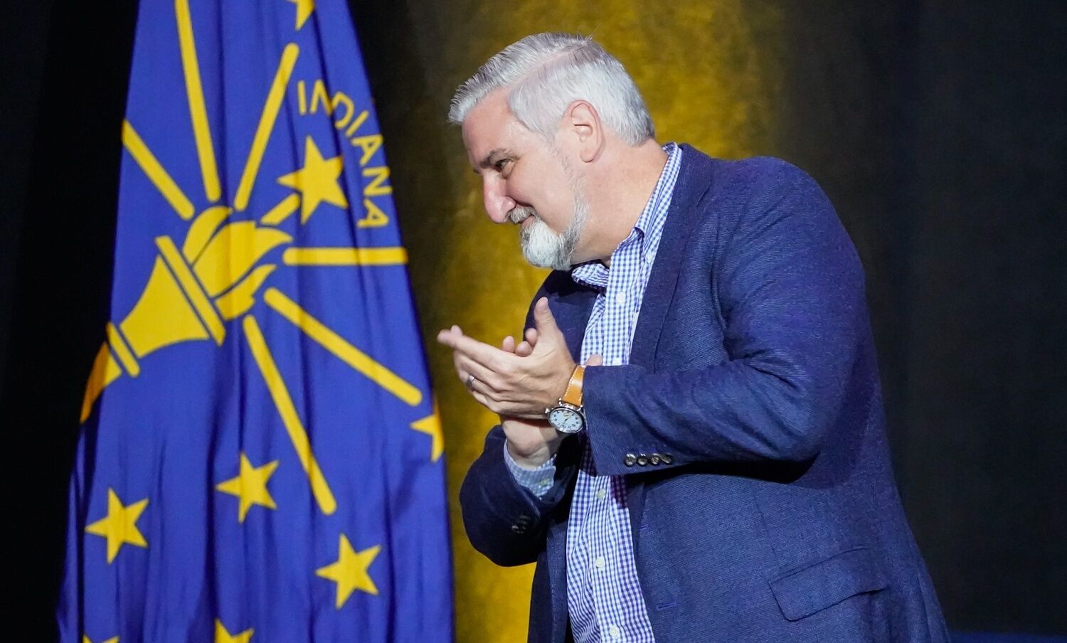 Indiana Gov. Eric Holcomb, joins former Ind. Gov.’s Mike Pence, Mitch Daniels, and Evan Bayh for a panel discussion on leadership during the Indiana State Fair's Harvest Dinner on Wednesday, August. 14, 2024, in Indianapolis.