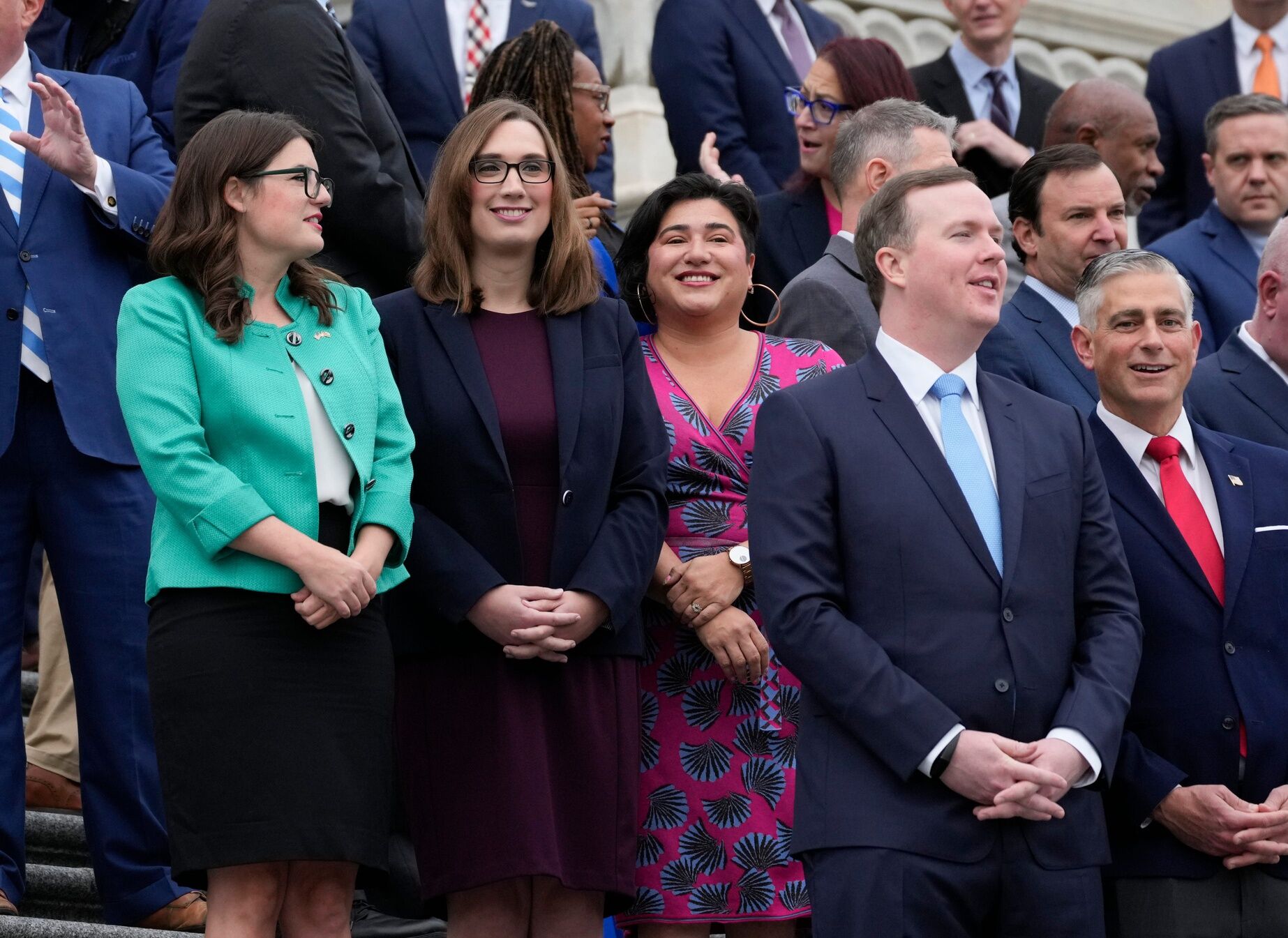 Newly-elected member of the U.S. House of Representatives Rep. Sarah McBride (D-DE), the first openly transgender person elected to serve in the United States Congress, along with newly-elected Rep. Emily Randall (D-WA), right, and Rep. Sarah Elfreth (D-MD), left, before the official new member photo was taken on the steps of the U.S. Capitol on Friday, Nov. 15 in Washington, DC.