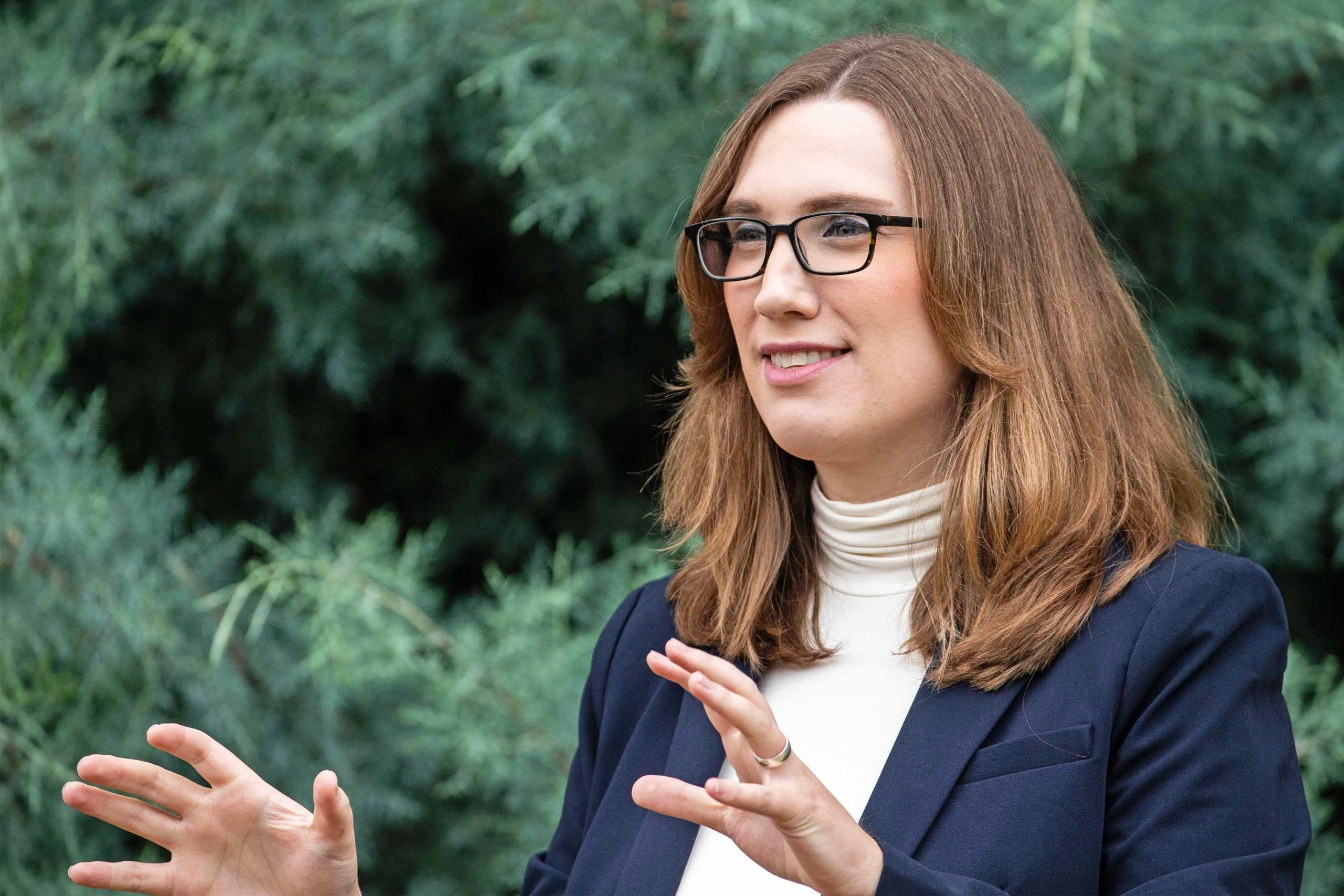 Sen. Sarah McBride speaks during an interview outside her home in Wilmington, Tuesday, Oct. 1, 2024.