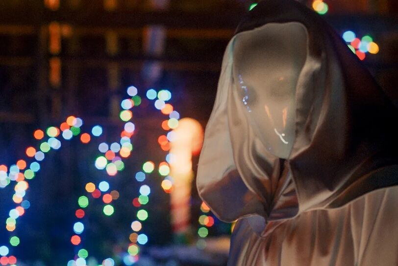 A creepy masked nun looks for stabby fun in the Christmas horror movie "It's a Wonderful Knife."