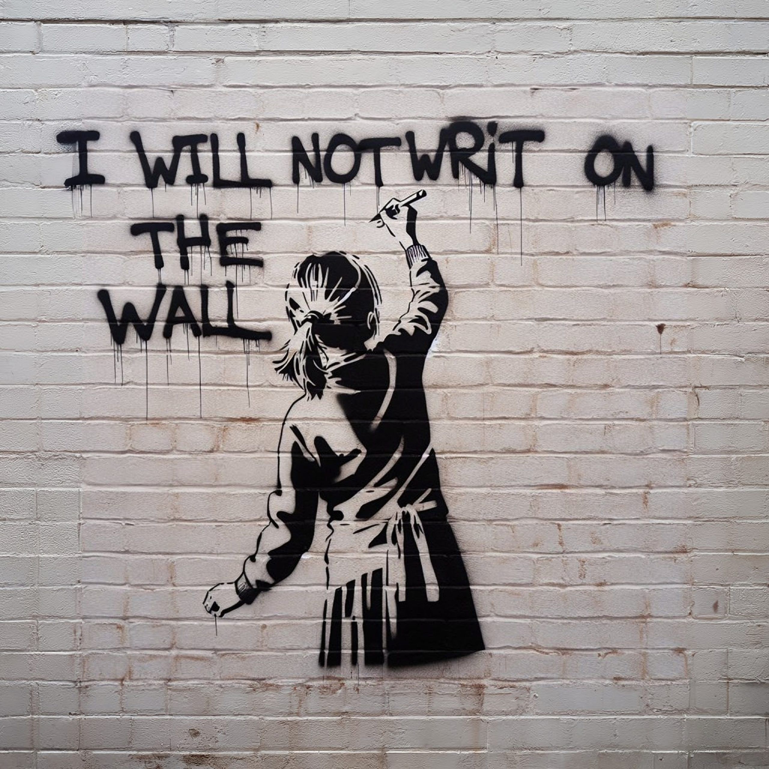 shutterstock_2490751253 A blonde girl in a schoolgirl's apron writes on the wall several times following "I will not write on the wall". Stencil graffiti style.