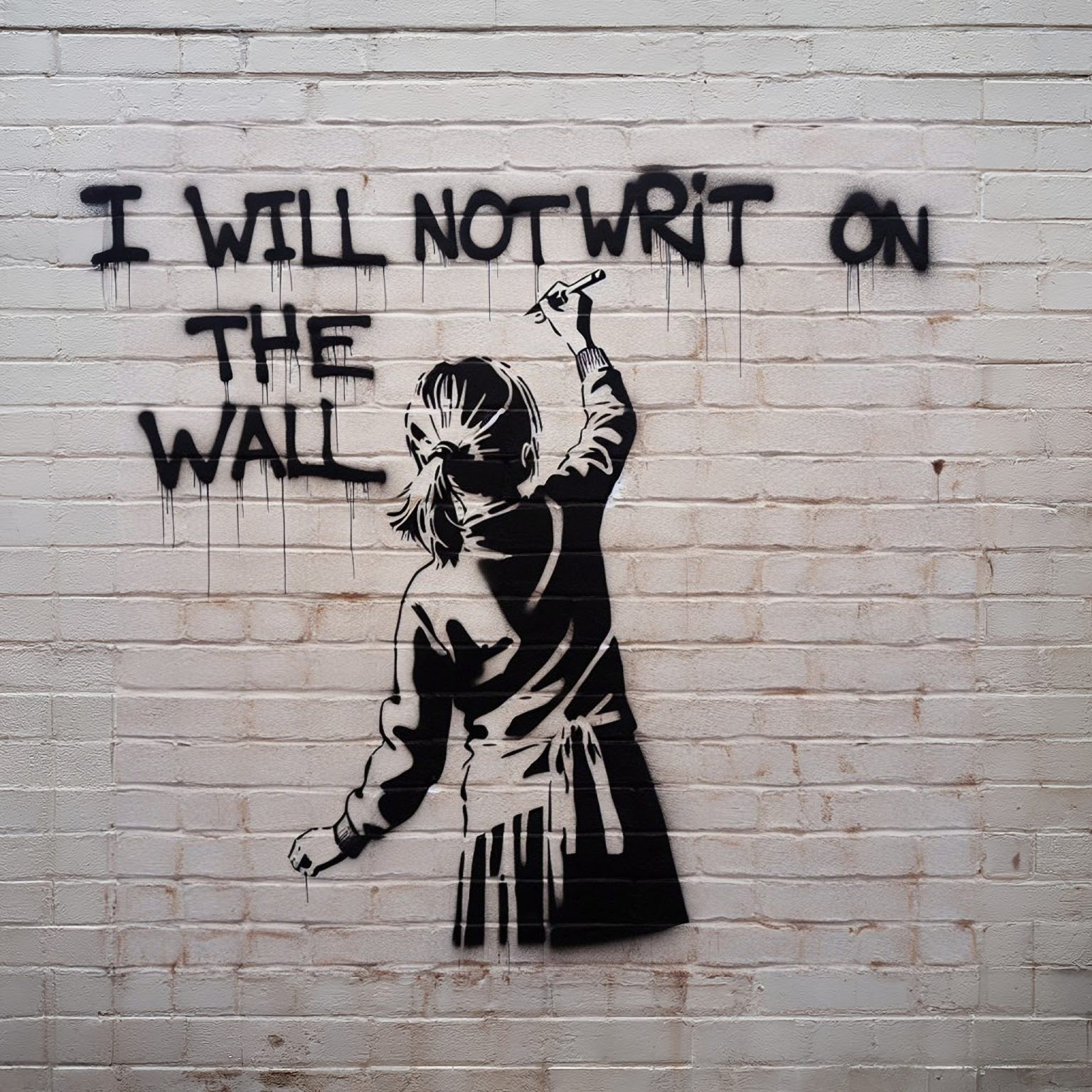 A blonde girl in a schoolgirl's apron writes on the wall several times following "I will not write on the wall". Stencil graffiti style.