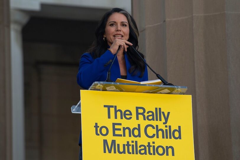 Tulsi Gabbard speaks at a rally against gender affirming care at War Memorial Plaza in Nashville, Tenn., Friday, Oct. 21, 2022.