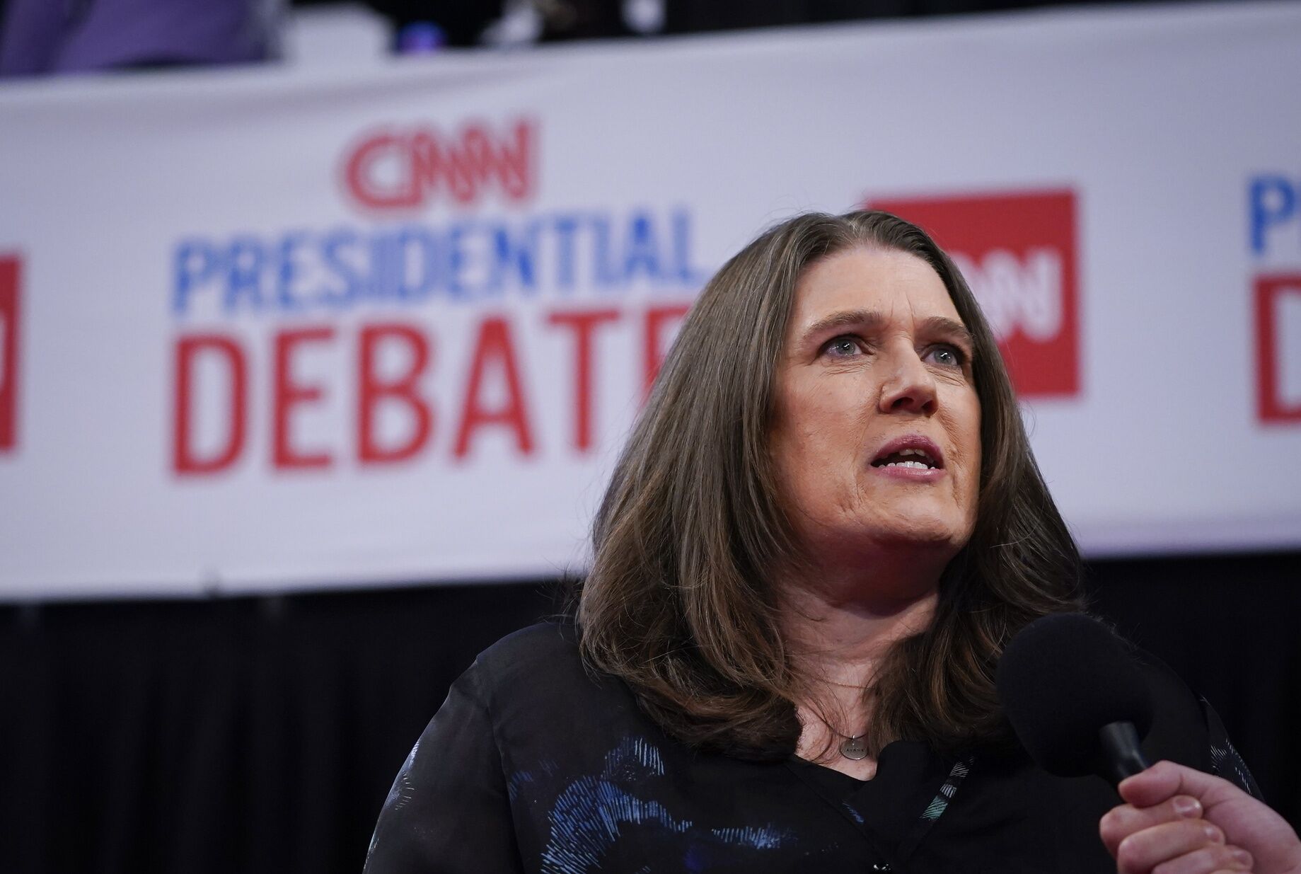 Jun 27, 2024; Atlanta, GA, USA; Mary Trump, the niece of former President Trump, talking to media at Georgia Tech