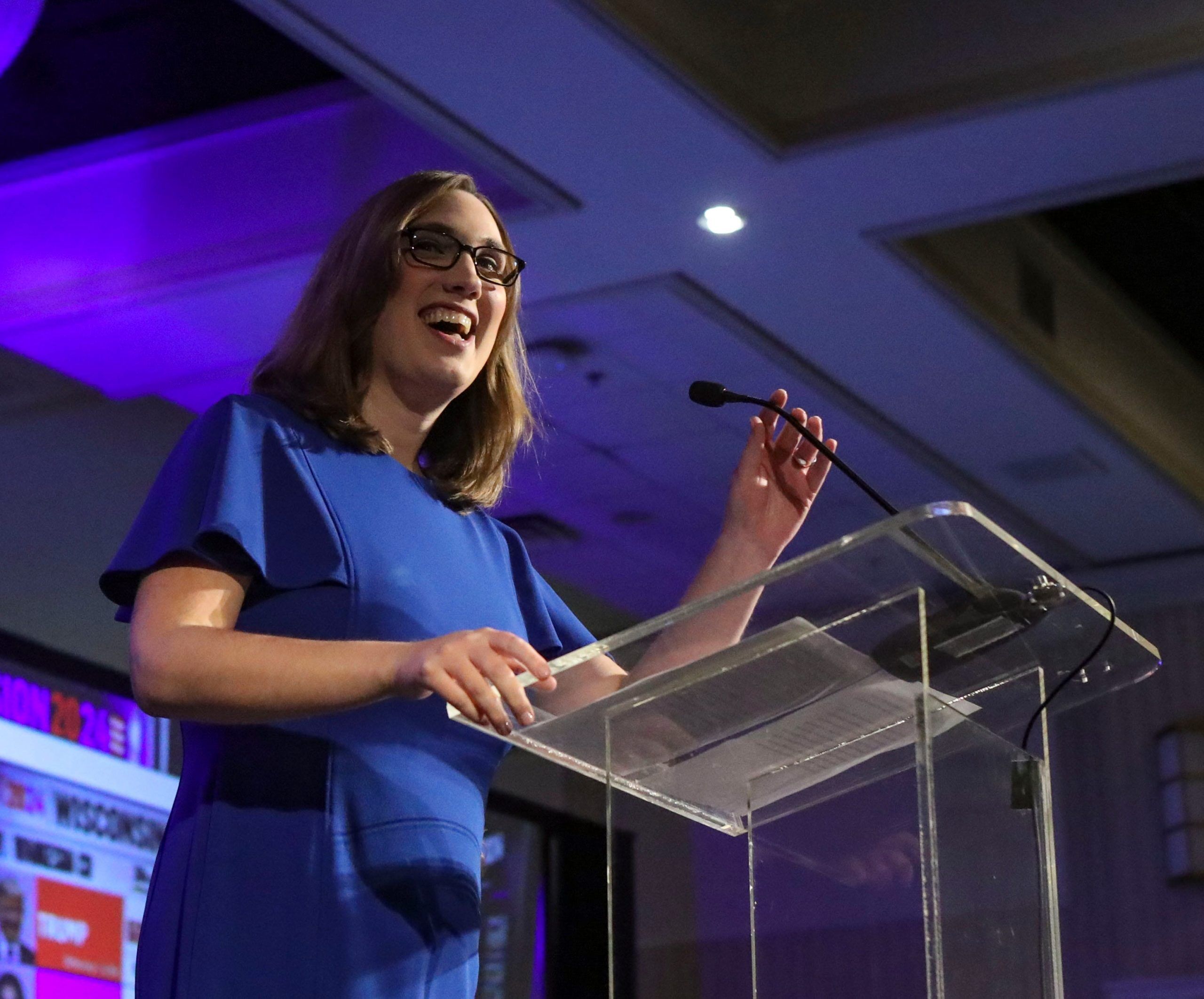 Congresswoman-elect Sarah McBride delivers her victory speech to a room full of supporters at the Chase Center on the Riverfront on election night, Tuesday, Nov. 5, 2024