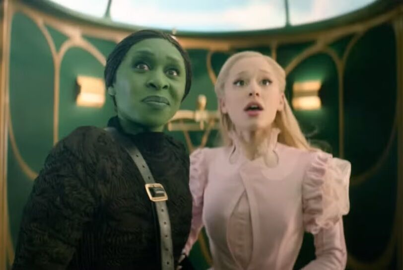 Queer actress Cynthia Erivo and pop singer Ariana Grande as the witches Elphaba and Galinda in "Wicked."