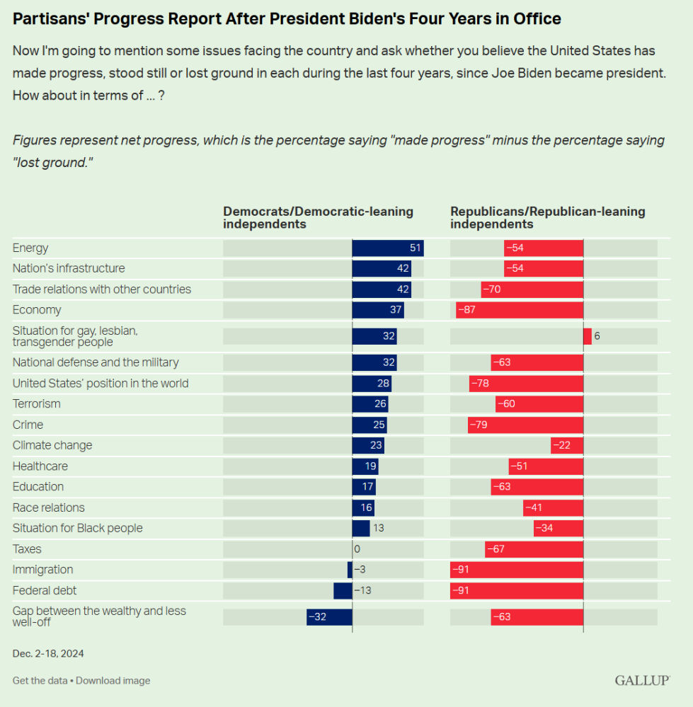 Chart showing partisan breakdown of answers to whether the US made progress on each of the issues.