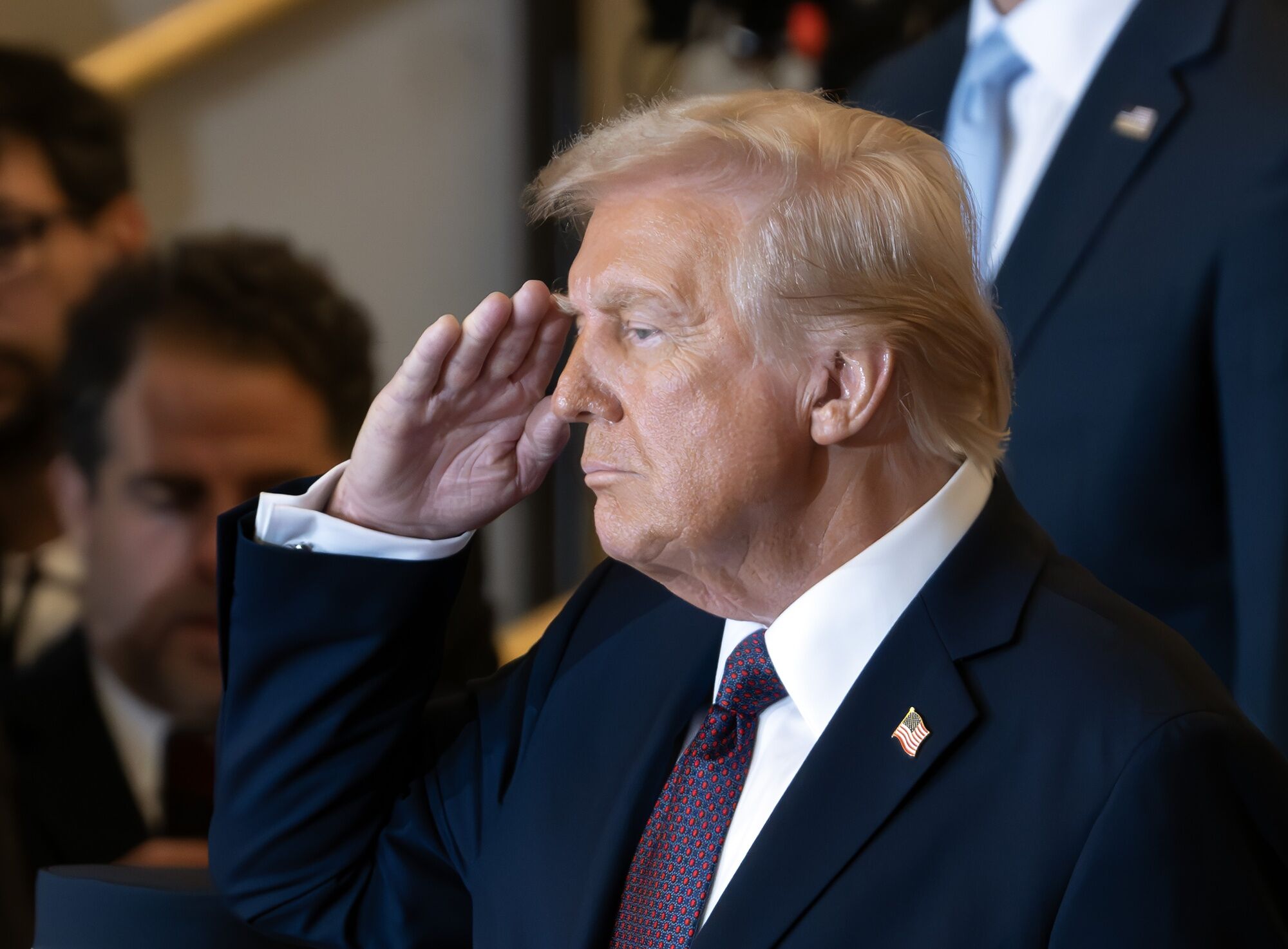 Jan 20, 2025; Washington, DC: Donald Trump salutes as he participates in a Reviewing the Troops Ceremony as part of his Inaugural activities