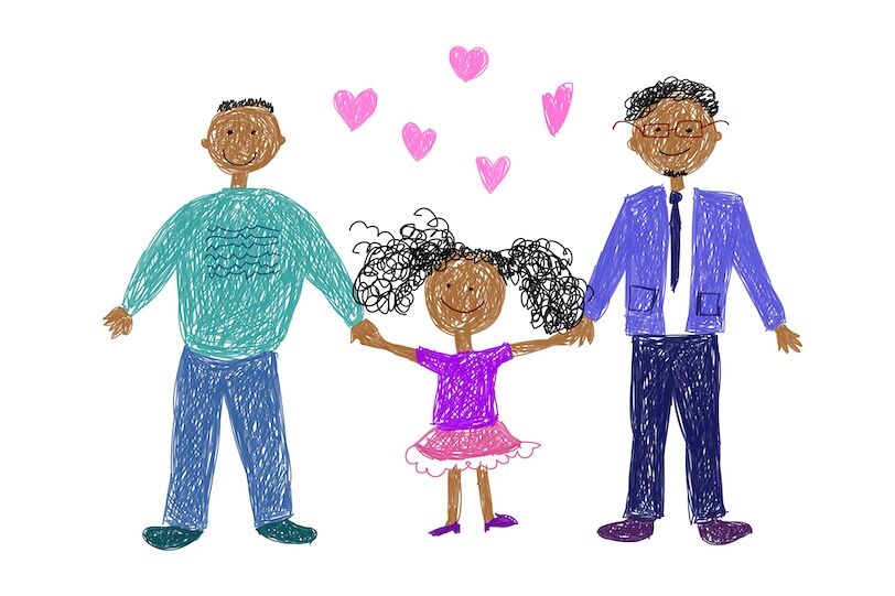 Lgbt family. Children's drawing. Two happy men with girl. Vector illustration. Adopted child