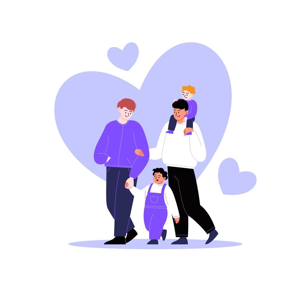 Flat illustration of a queer family. Gay couple walking with kids. Hearts on the background. Pride month concept