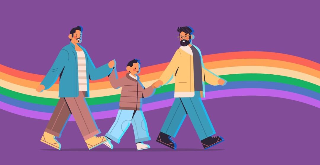 male parents walking with little son gay family transgender love LGBT community concept