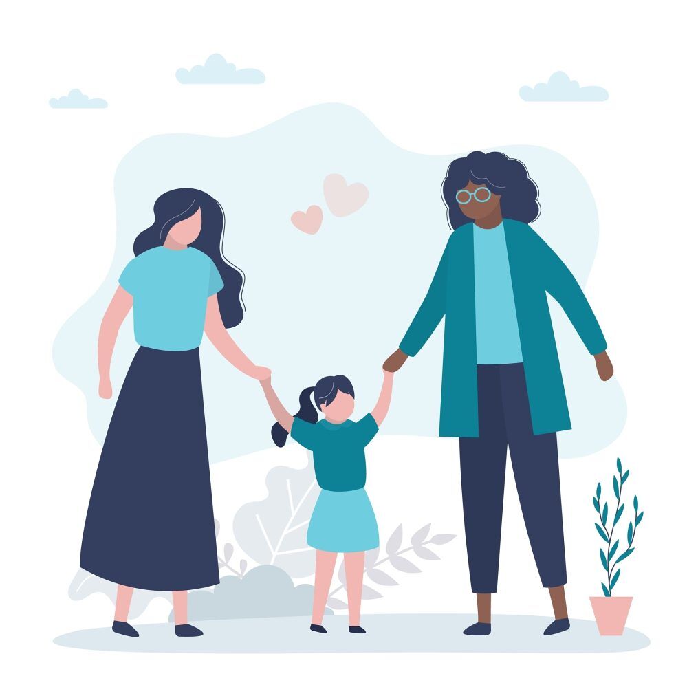 Same sex adoption. Happy married LGBT couple, adoption concept. Multiethnic lesbian parents adopted cute girl. Equality, freedom. Relationship, same sex family with daughter. Flat vector illustration