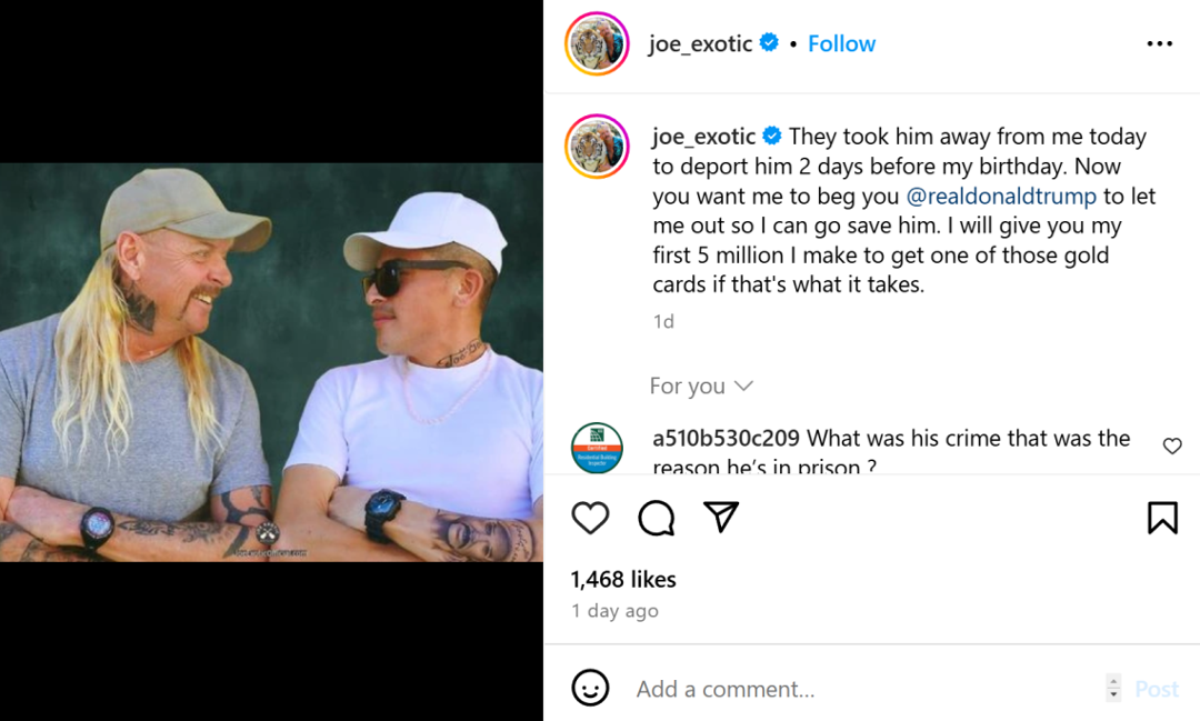Joe Exotic's instagram post