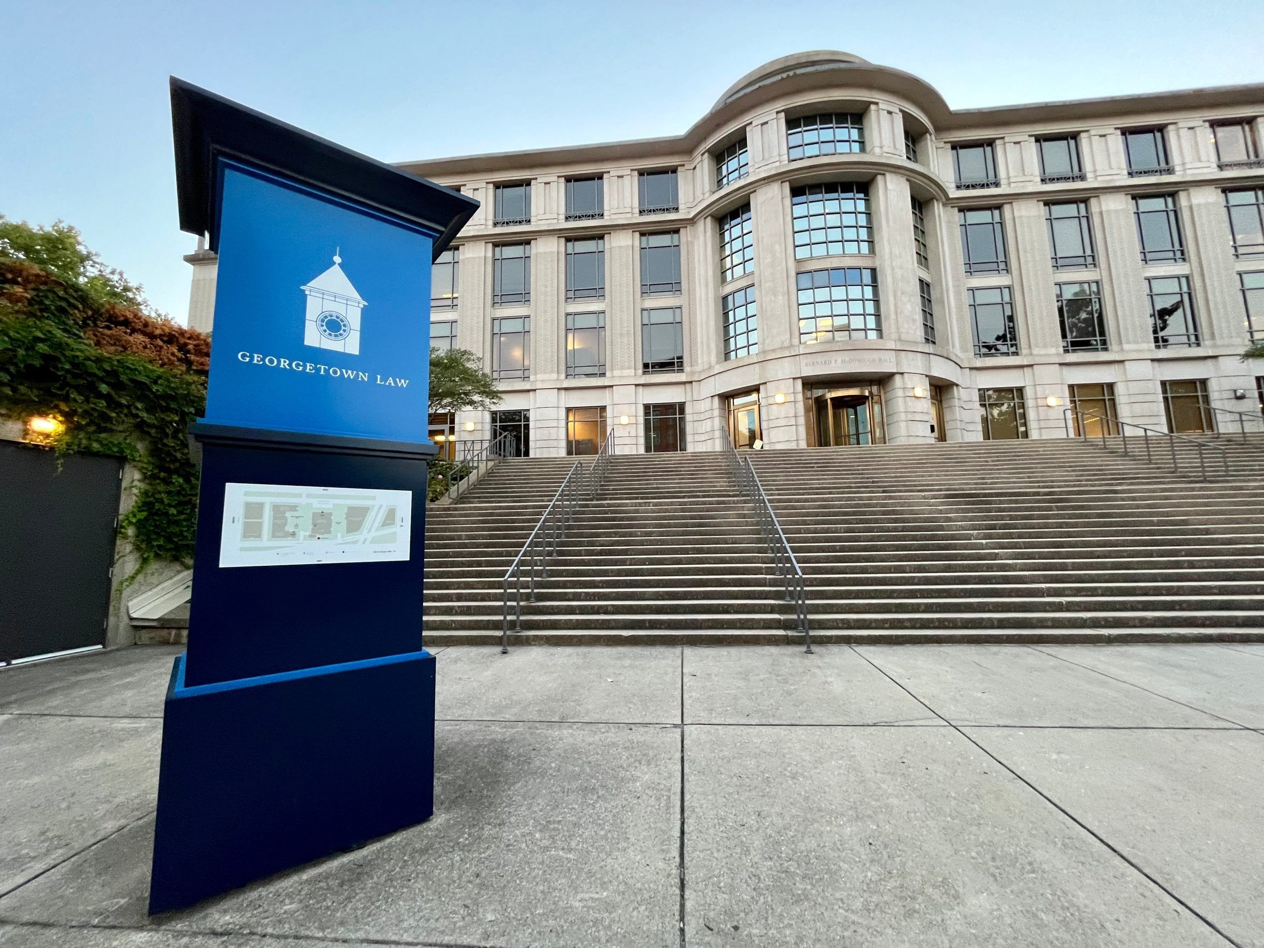 Washington, DC, USA, 8.23.24 - The front exterior of Bernard P McDonough Hall at Georgetown Law.