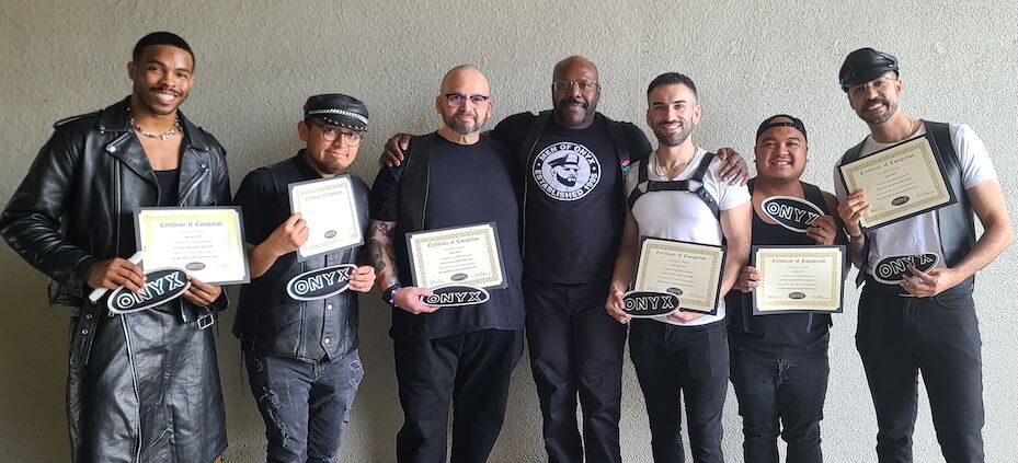 From left to right: new Onyx Southwest members Pristine, Navarro, Darth, ONYX Southwest President Peeker, and new members Drewskee, Glaze, and Aries, all holding certificates of pledgeship completion.