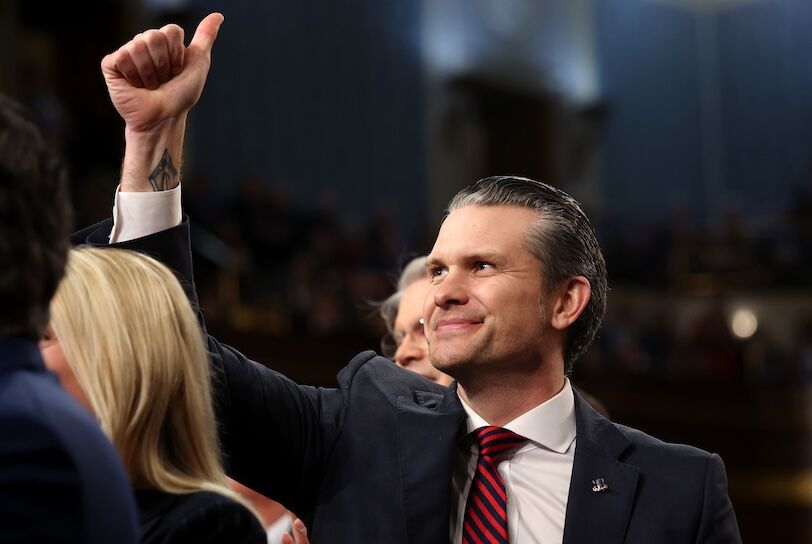 USATSI_25582055 U.S. Secretary of Defense Pete Hegseth gives a thumbs up as U.S. President Donald Trump address a joint session of Congress at the U.S. Capitol on March 04, 2025 in Washington, DC.