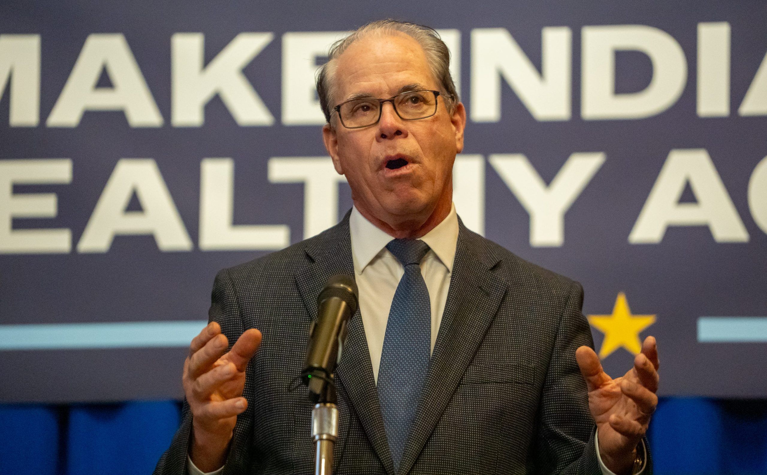 Indiana Gov. Mike Braun announces Tuesday, April 15, 2025, the Make Indiana Healthy Again initiative during a press event inside the Authors Room at the Indiana State Library.