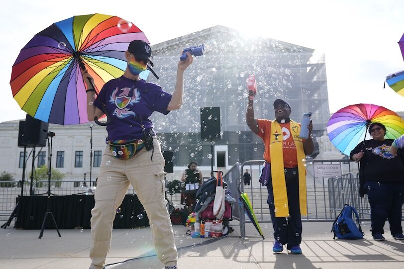 Demonstrators rally outside of the Supreme Court on April 22, 2025 as the court hears arguments in a case to determine whether a Maryland school district's reading program, which includes titles featuring LGBTQ+ characters and themes of inclusion, has unconstitutionally infringed on parents' rights to freely exercise their religion under the First Amendment. A decision in the case, Mahmoud v. Taylor, is expected by the end of June.