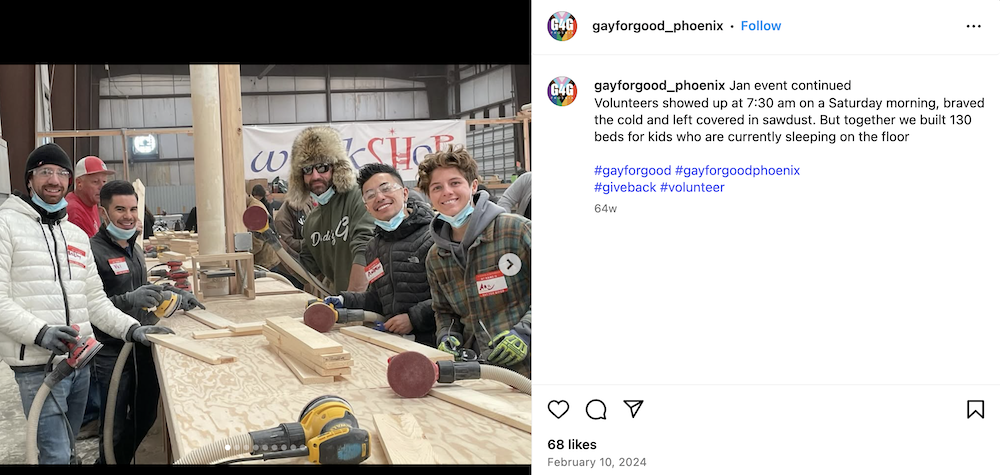 Members of the Phoenix, Arizona chapter of G4G make wooden beds with the group Sleep in Heavenly Peace.