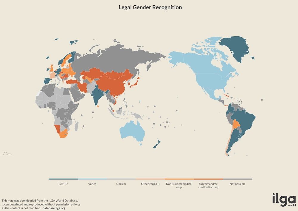 A May 12, 2025 map of gender recognition rights across the world from ILGA-Europe, the European part of the International Lesbian, Gay, Bisexual, Trans and Intersex Association.