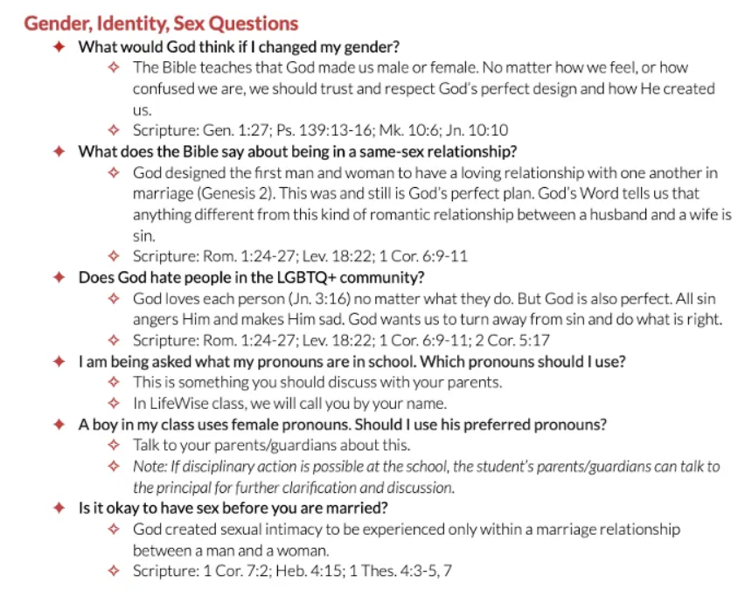 Excerpt from Lifewise’s Difficult Questions from Students document. 
