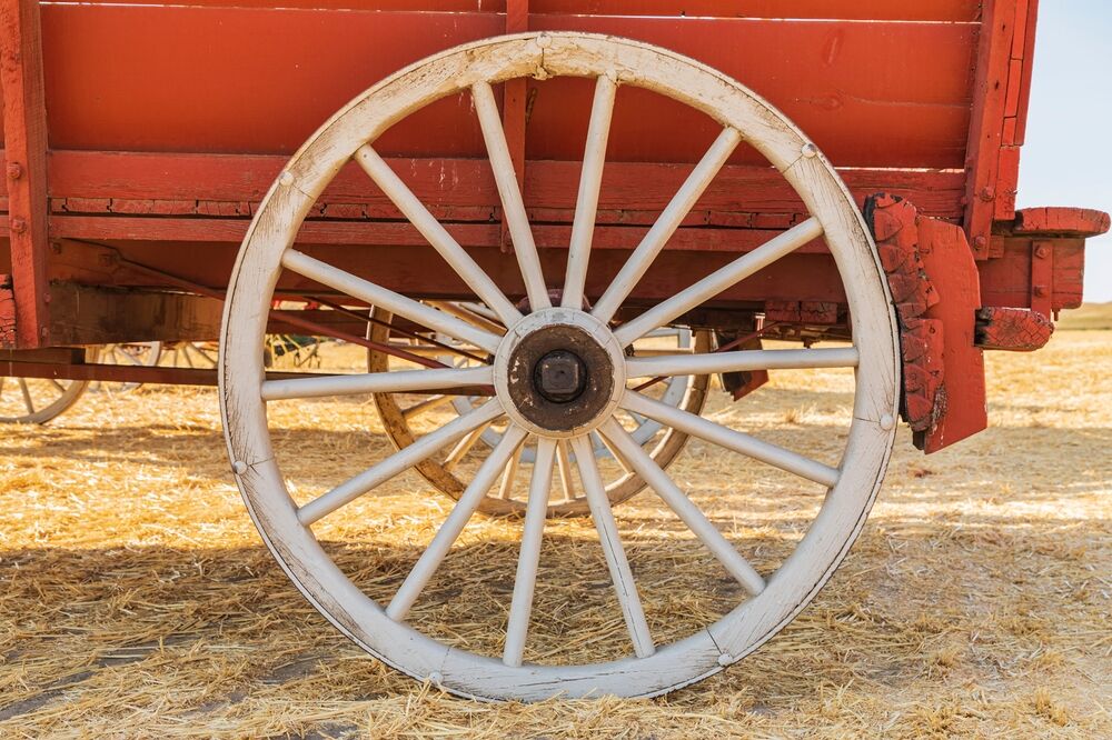A wooden wheel and its spokes.