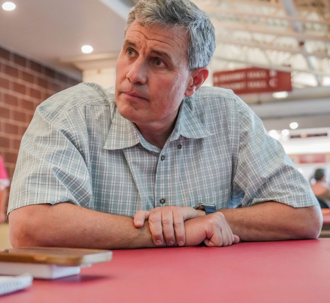 Republican candidate for governor Bill Berrien of Whitefish Bay speaks with Milwaukee Journal Sentinel reporters Mary Spicuzza and Daniel Bice during Berrien's visit to the Wisconsin State Fair on August 6, 2025 in West Allis, Wisconsin.

