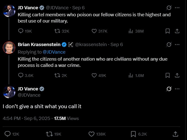 JD Vance not caring about killing people on X