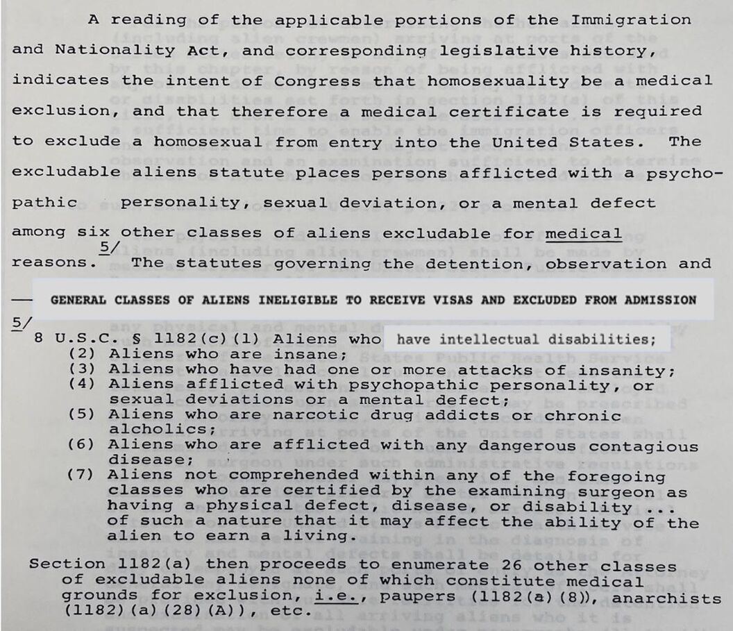 A section of the 1952 Immigration and Nationality Act that lists homosexuality as a criterion for refusing immigrants into the United States.