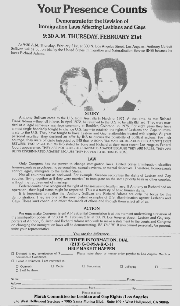 A flier from the March Committee for Lesbian Gay Rights/Los Angeles, “Your Presence Counts: Demonstrate for the Revision of Immigration Laws Affecting Lesbians and Gays,” February 1980.