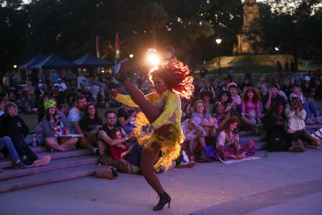 Drag performer Myah Ross Monroe shows off some high kicks during the Savannah Pride Festival on Saturday, October 25, 2025 at Forsyth Park.